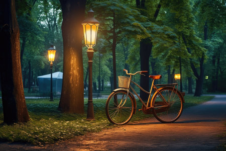 classic bicycle with a retro lamp in a peaceful park, created with generative aiの素材