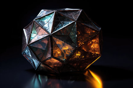 dodecahedron with light reflections on black surface, created with generative aiの素材