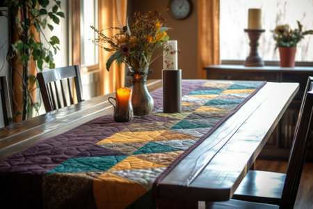 quilted table runner on a rustic dining table, created with generative aiの素材