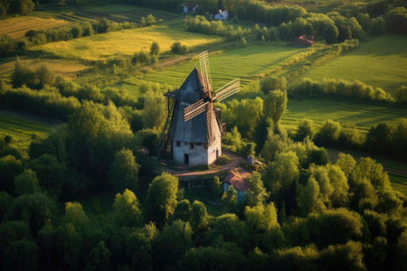 aerial view of old windmill in lush countryside, created with generative aiの素材