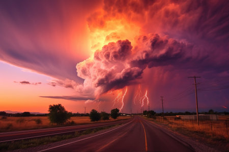 cloud-to-cloud lightning display during a vivid sunset, created with generative aiの素材