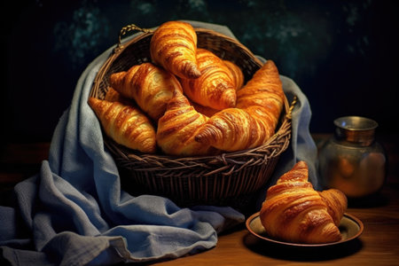 freshly baked croissants displayed in a basket, created with generative aiの素材