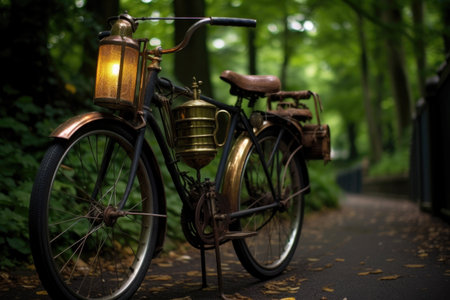vintage bike with lantern light attached to handlebars, created with generative aiの素材