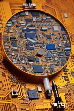magnifying glass enlarging intricate circuit board details, created with generative aiの素材