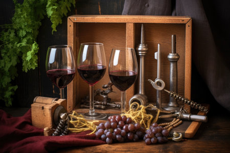 wine glasses and a corkscrew on a vintage wooden crate, created with generative aiの素材