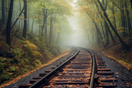 curving old railroad tracks in a foggy forest, created with generative aiの素材
