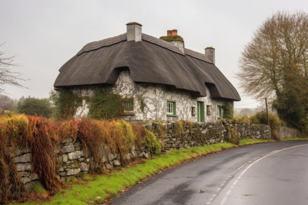 stone house with thatched roof in rural setting, created with generative aiの素材