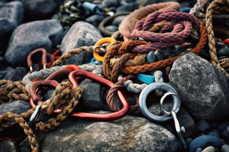 close-up of carabiners and ropes on a rocky surface, created with generative aiの素材