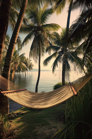 a hammock between palm trees near the ocean, created with generative aiの素材