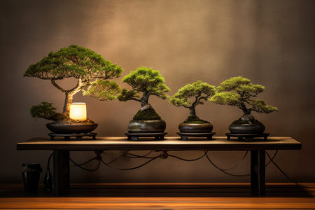 bonsai trees on a minimalist wooden table with soft lighting, created with generative aiの素材