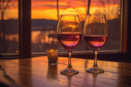 wine glasses reflecting warm sunset colors, created with generative aiの素材