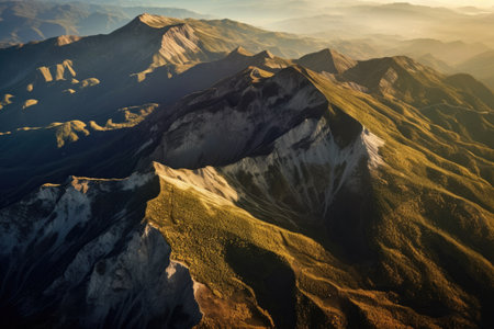 aerial view of mountain peak shadows stretching across landscape, created with generative aiの素材