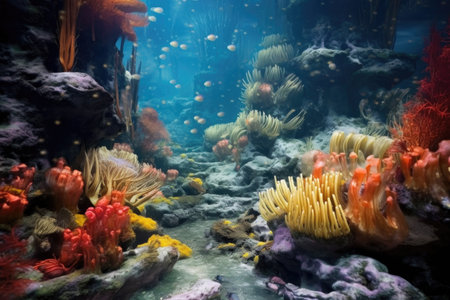 a colorful field of hydrothermal vent mussels on ocean floor, created with generative aiの素材