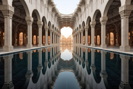 symmetrical architecture mirrored in a still pool, created with generative aiの素材