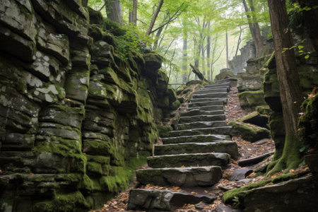 steep stone steps carved into mountainside, created with generative aiの素材