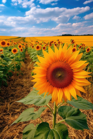 bright sunflower field on a sunny day, created with generative aiの素材
