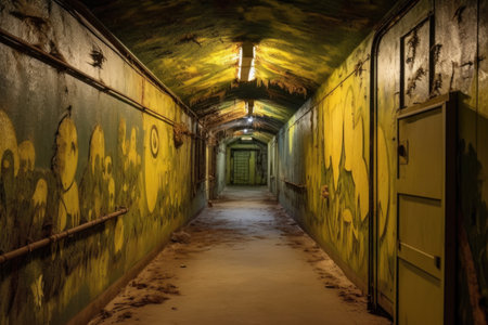 weathered and graffiti-covered nuclear bunker entrance, created with generative aiの素材