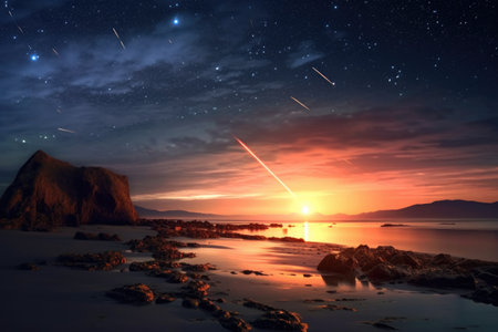 meteor shower over a peaceful beach at night, created with generative aiの素材