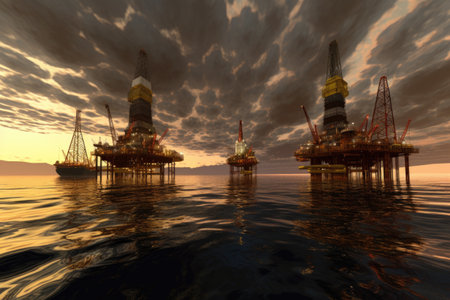 wide-angle shot of multiple oil rigs in distance, created with generative aiの素材