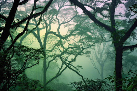 misty treetops with vibrant green leaves at dawn, created with generative aiの素材