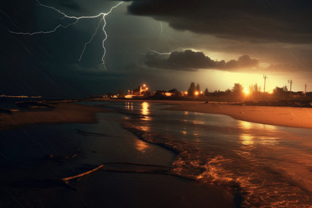 lightning storm over a deserted beach at night, created with generative aiの素材