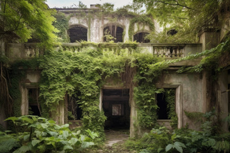 overgrown vines climbing the walls of a crumbling mansion, created with generative aiの素材