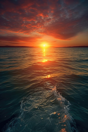 sun setting over a calm ocean horizon, created with generative aiの素材