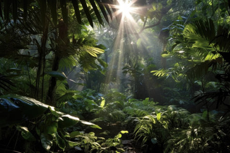 sunlight peeping through dense rainforest foliage, created with generative aiの素材