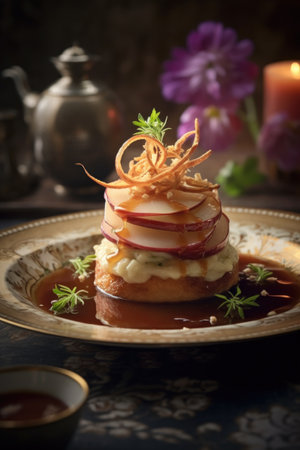 close-up of delicious gourmet dish on a plate, created with generative aiの素材