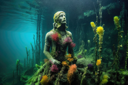 underwater statue overgrown with colorful sea plants, created with generative aiの素材