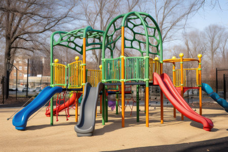 school playground with monkey bars, slides, and climbing ropes for active play, created with generative aiの素材