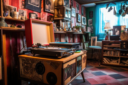 record player with vinyl collection in background, created with generative aiの素材