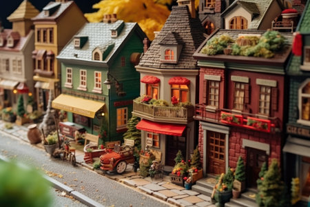 cozy miniature village street with shops and houses, created with generative aiの素材