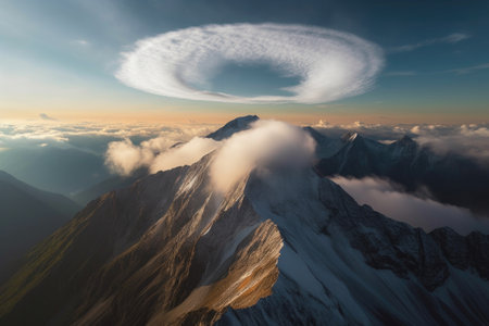 lenticular clouds forming a natural halo around a mountain summit, created with generative aiの素材
