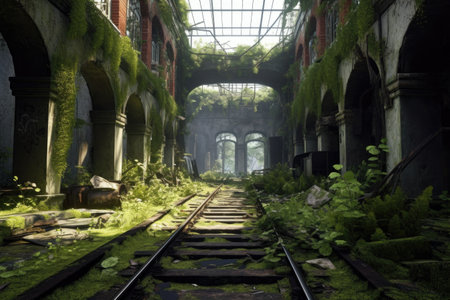 abandoned train station platform with overgrown tracks, created with generative aiの素材
