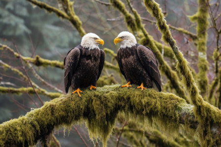 two bald eagles interacting in their natural habitat, created with generative aiの素材