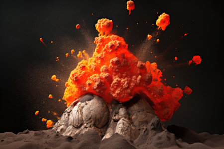 volcanic bombs lava rocks mid-air during eruption, created with generative aiの素材