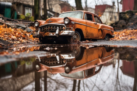 rusted car wreck reflection in a still puddle, created with generative aiの素材