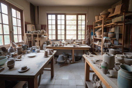 pottery and ceramics studio with various tools, including hand tools, presses, and rulers, created with generative aiの素材