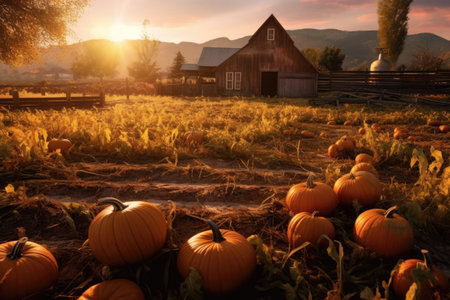 sunlit pumpkin patch during golden hour, created with generative aiの素材