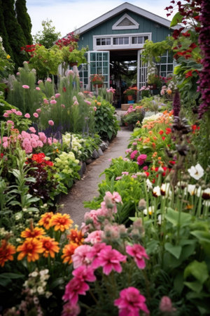 colorful flowers at a garden center, created with generative aiの素材