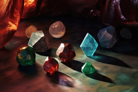 gemstones casting shadows on textured surface, created with generative aiの素材