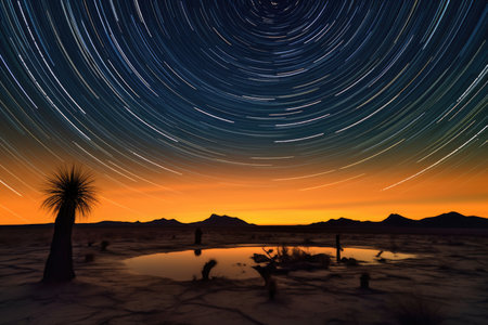 star trails above sand dunes and cactus silhouettes, created with generative aiの素材