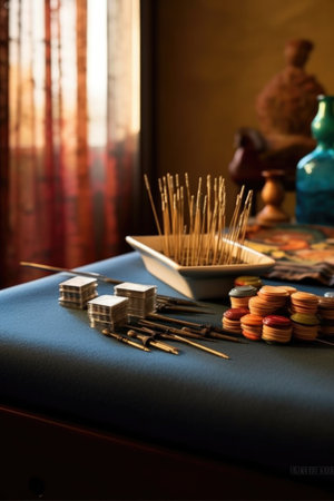 acupuncture needles on a treatment table, created with generative aiの素材