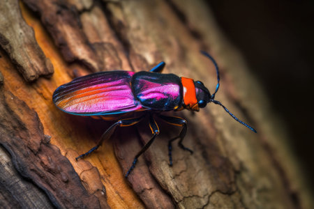 macro of a colorful beetle on a tree bark, created with generative aiの素材