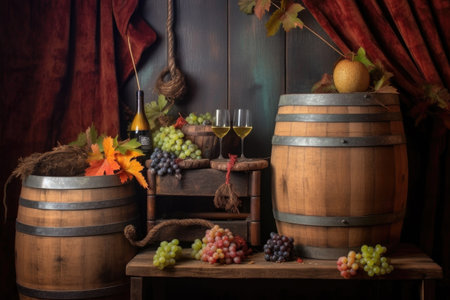rustic barrels with wine glasses and corkscrew nearby, created with generative aiの素材