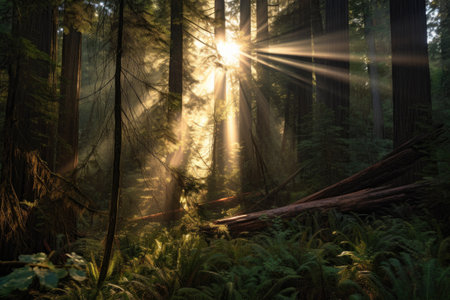 sunlight streaming through towering redwoods, created with generative aiの素材