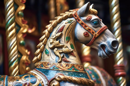 carousel horse with ornate saddle and pole in focus, created with generative aiの素材