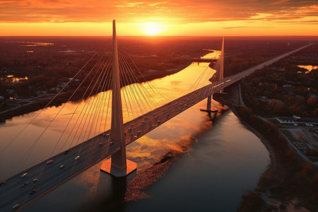 aerial view of a sleek cable-stayed bridge at sunset, created with ...