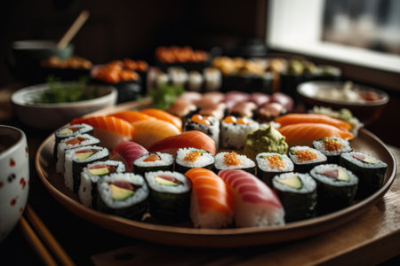 plate of freshly made sushi, ready to be enjoyed, created with generative aiの素材